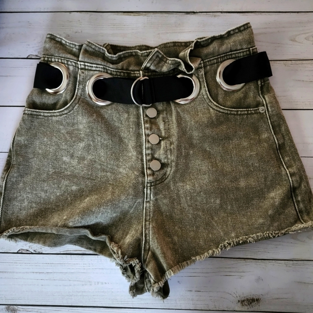 Le Lis Distressed Green Paper Bag Belted High Waist Denim Shorts Size Small